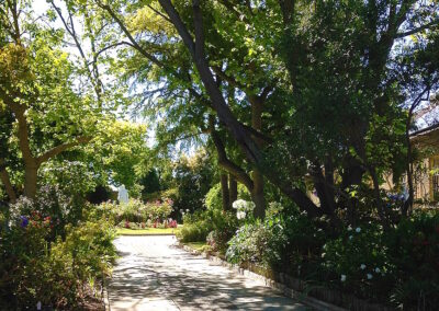 Pathway in the garden. Sacred Heart statue seen in the distance.